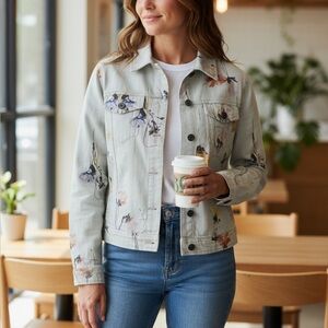 The Hanger By Taylor Hadley Denim Floral Shirt Jacket Artsy Button Up New